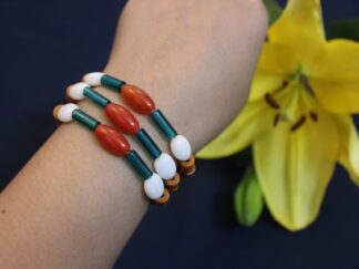 Trendy Traditional Bracelet, small orangish chamthei | Egg-shape white beads, Green and orange tube, 3 lines bracelet