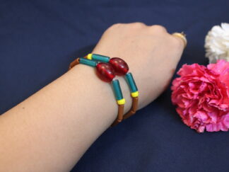 Trendy Traditional Bracelet, small red chamthei | Blue, yellow, and brown tube, 2 lines bracelet