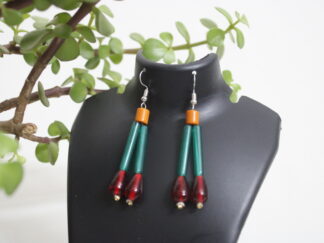 Chic traditional earring with small brown and long green pipes | two strings and small red chamthei