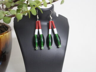Traditional earring with light brown and small white pipes | two strings and two big green chamtheis