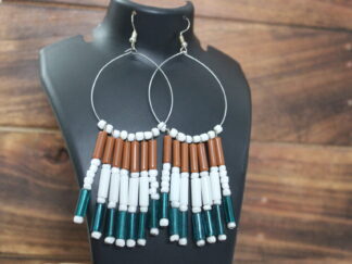 Stylish round earring with seven strings with hook, green and brown pipes | small white beads