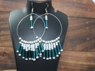 Modern big round earring with ten short strings, blue pipes | small white beads