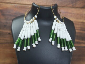 Fancy round earring with 6 strings in stepped design, green and white pipes | small white beads