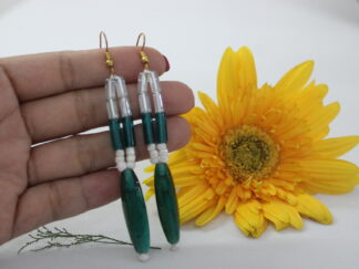 Beautiful traditional earring, big blue long chamthei | two strings with blue and white pipes & beads