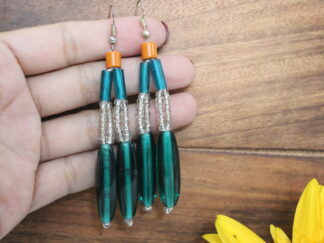 Traditional earring with big blue chamthei, blue and brown pipes| two strings with small white beads