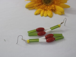 Trendy traditional earring with small red chamthei, green and white pipes | combined two strings with small yellow beads