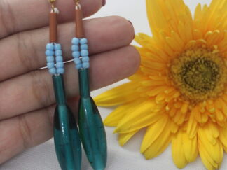 Fancy earring with big blue long chamthei, blue and brown pipes | one string with small blue beads