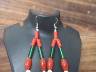 Pretty diamond shaped earring with red and green pipes, two red and white chamtheis | combined two string