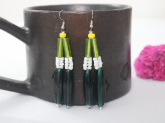 Elegant earring with two green pipes and big green chamtheis | two strings with white beads in the middle