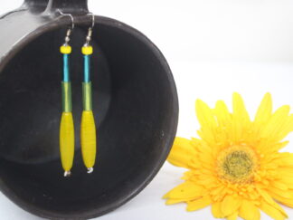 Sleek earring with blue and green pipes and one long yellow chamthei | single string