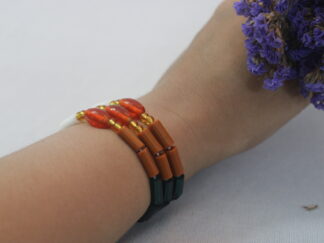 Unique three line traditional bracelet with orange chamthei, one side green and white pipes and one side green and brown pipes