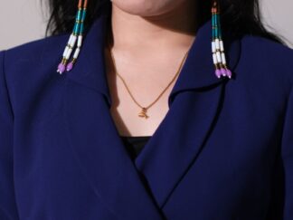 Beautiful 5 inch long earring, three strings with brown, green and white tubes and pink chamthei