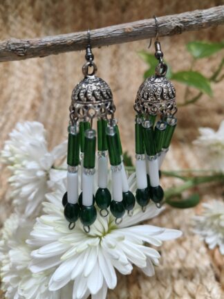 Silver Jhumka earring mixed with traditional style, seven strings with green and white tubes finished with small green beads