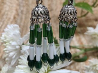 Silver Jhumka earring mixed with traditional style, seven strings with green and white tubes finished with small green beads