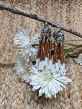 Silver Jhumka earring mixed with traditional style, seven strings with brown and white tubes