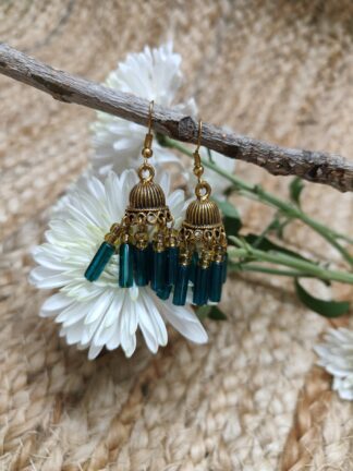 Golden Jhumka earring mixed with traditional style, seven short strings with green tubes with small yellow beads