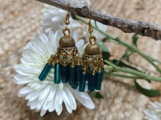 Golden Jhumka earring mixed with traditional style, seven short strings with green tubes with small yellow beads