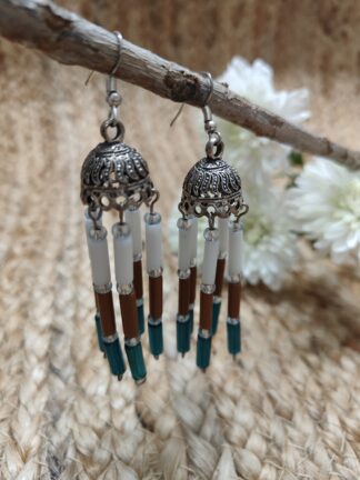 Silver Jhumka earring mixed with traditional style, five strings with white, brown and green tubes