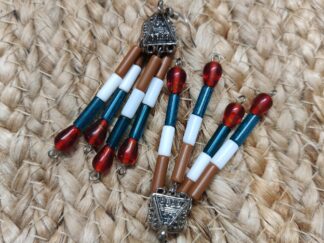 Silver Jhumka earring mixed with traditional style, four strings with brown, white and green tubes and red chamthei