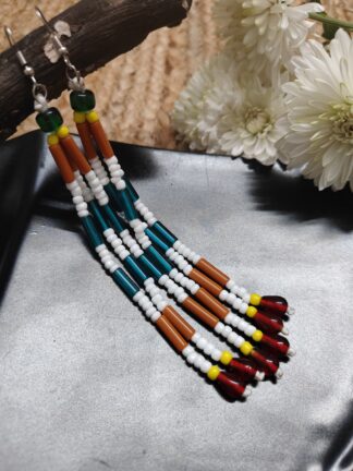 Fancy traditional 5 inch long earring, three strings with orange and green tubes, small white, yellow and green beads and finished with red chamthei