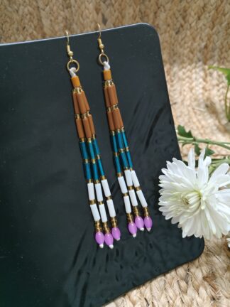 Beautiful 5 inch long earring, three strings with brown, green and white tubes and pink chamthei