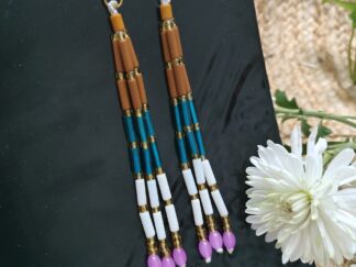 Beautiful 5 inch long earring, three strings with brown, green and white tubes and pink chamthei